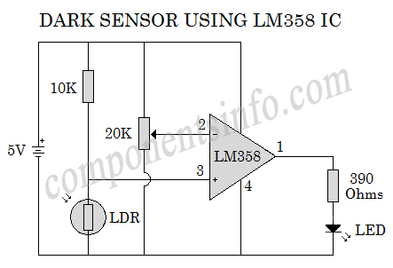 Dark sensor circuit using LM358 IC