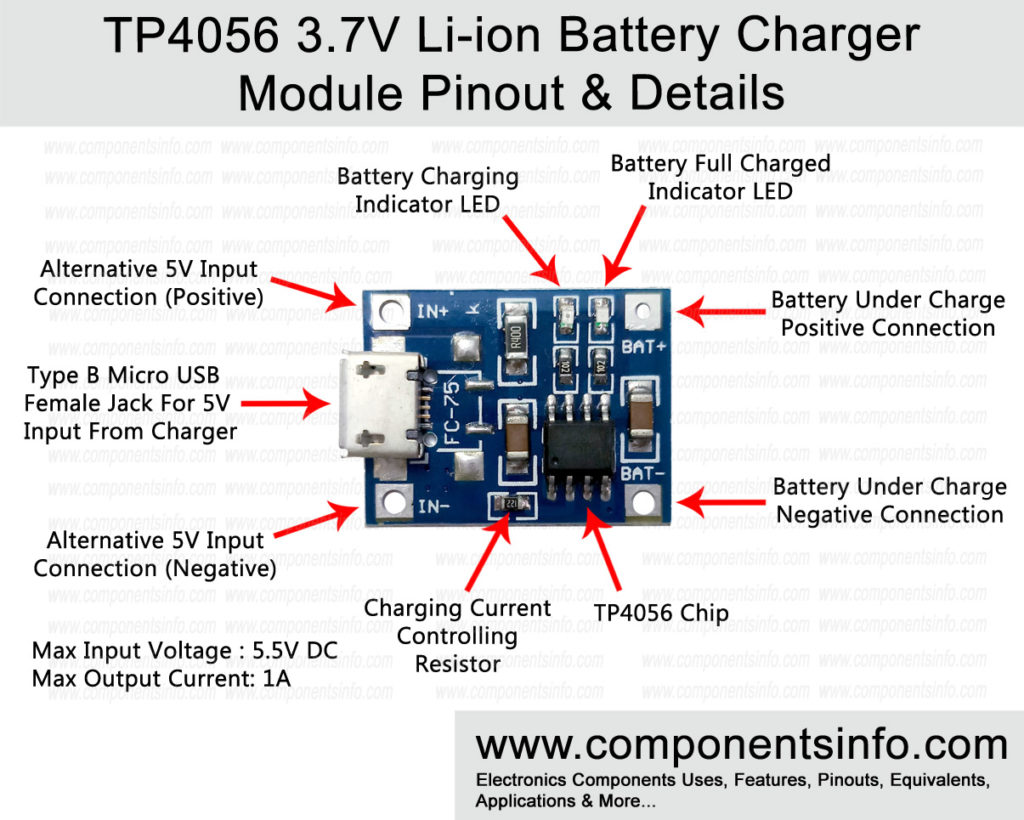 TP4056 3.7V Li-ion 18650 Battery Charger Modul   e Pinout, Datasheet