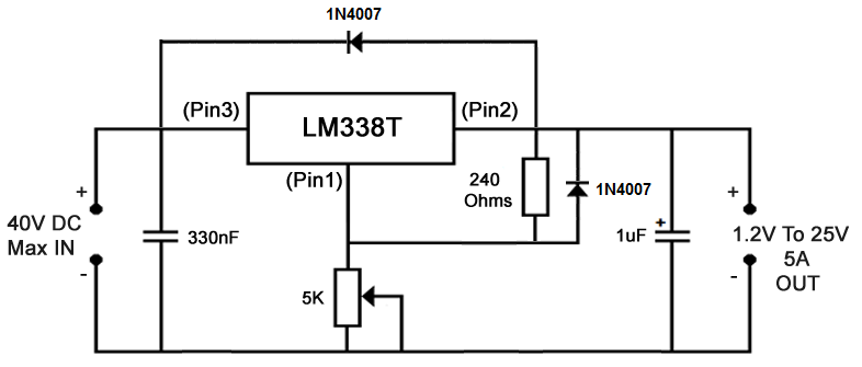 LM338 Adjustable Power Supply with Protection Diodes